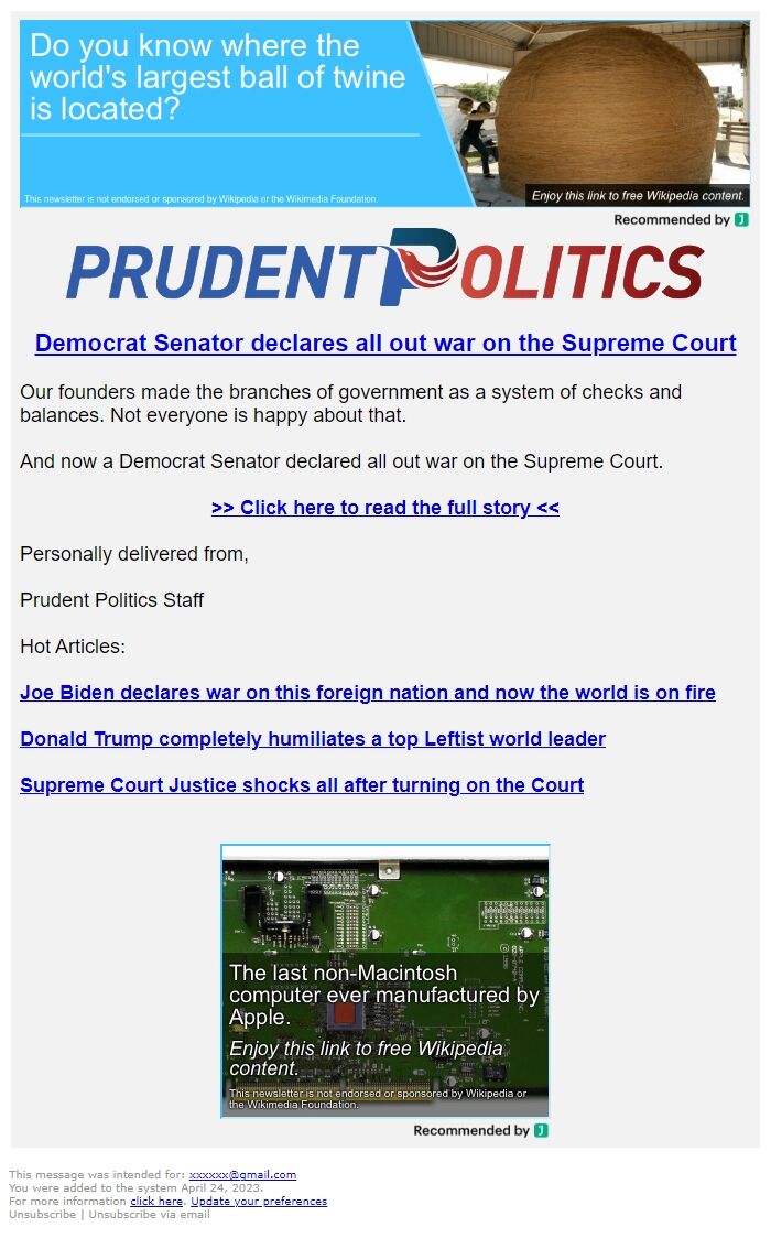 Screenshot of the email generated on import