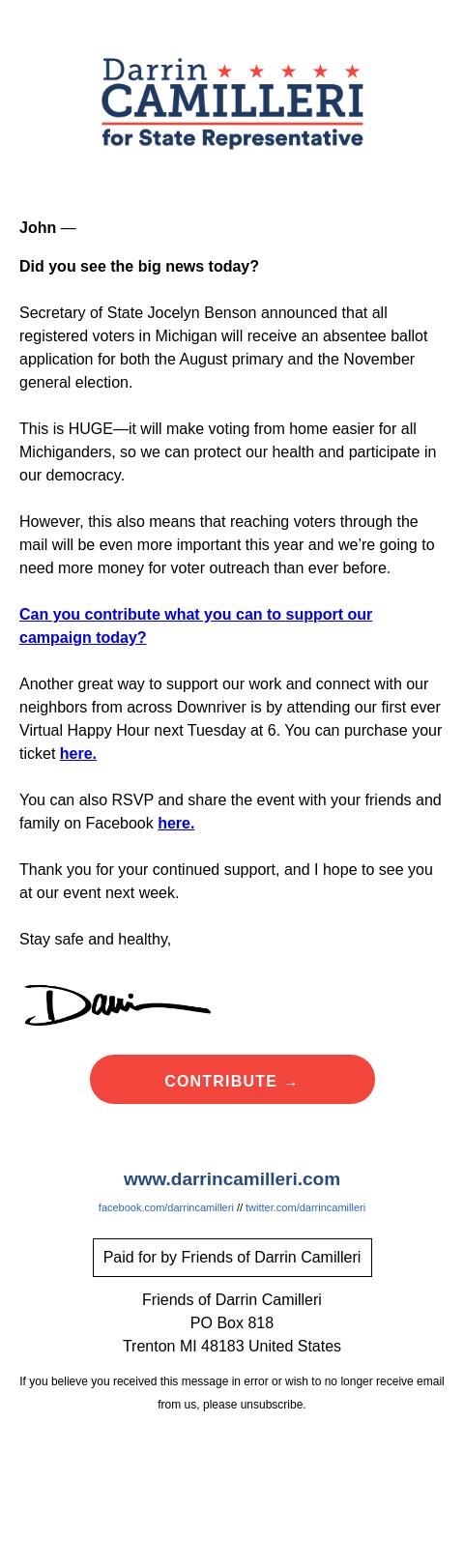 Screenshot of the email generated on import