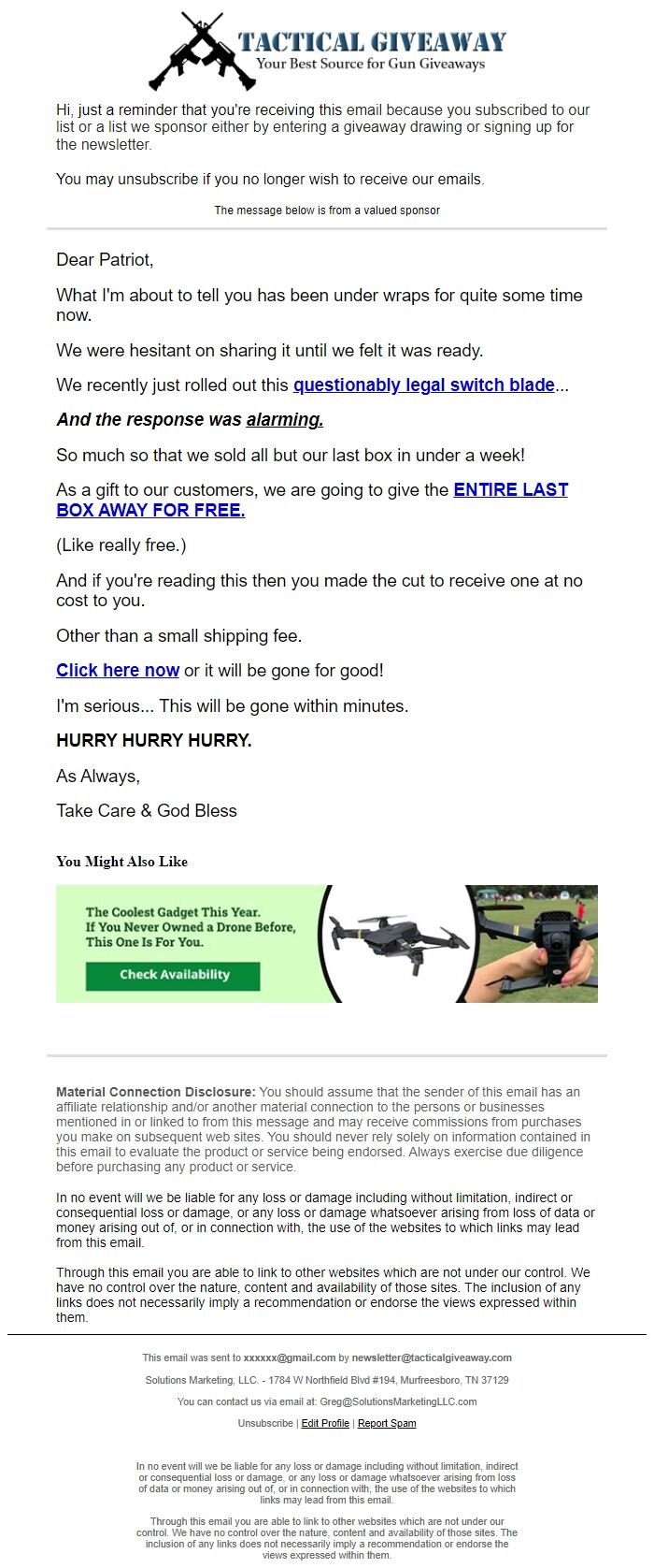 Screenshot of the email generated on import