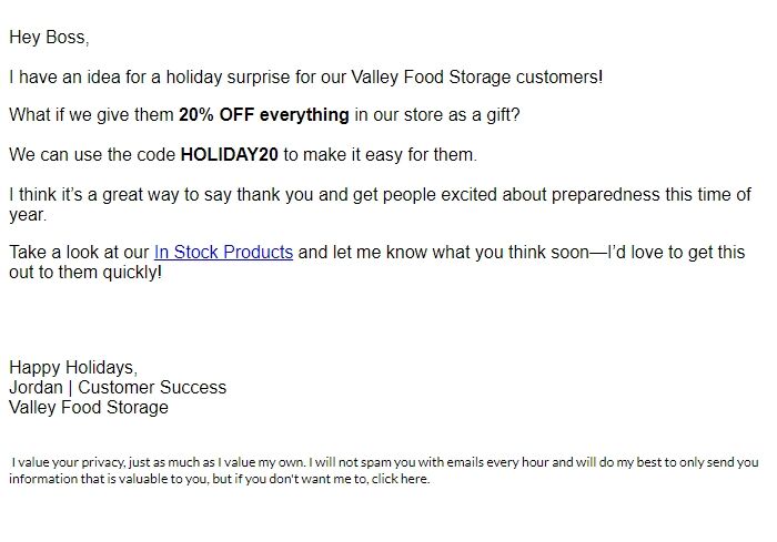 Screenshot of the email generated on import