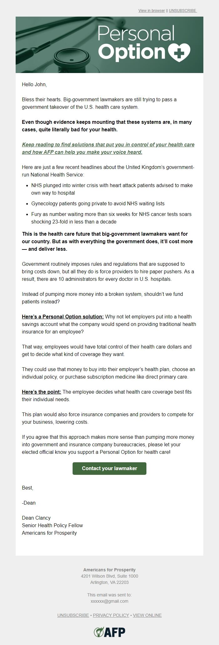 Screenshot of the email generated on import