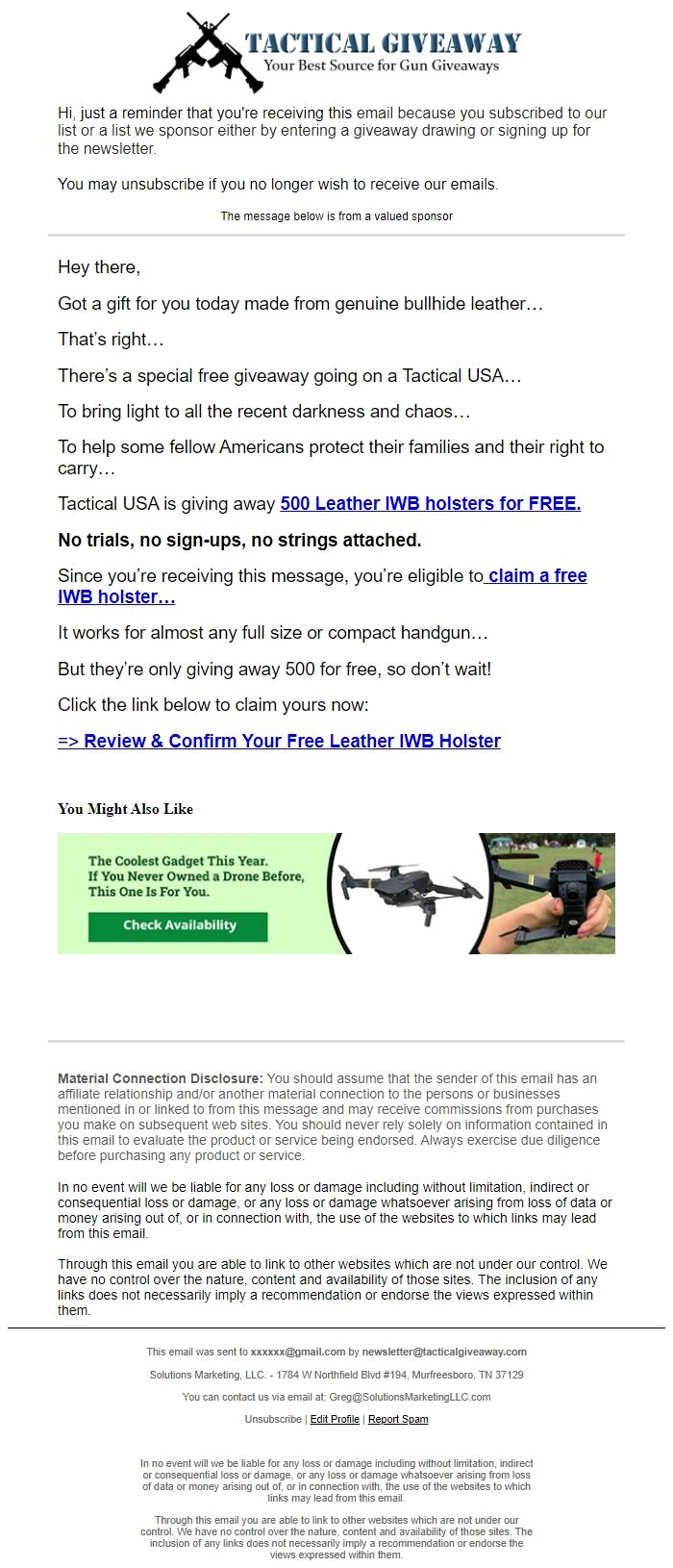 Screenshot of the email generated on import