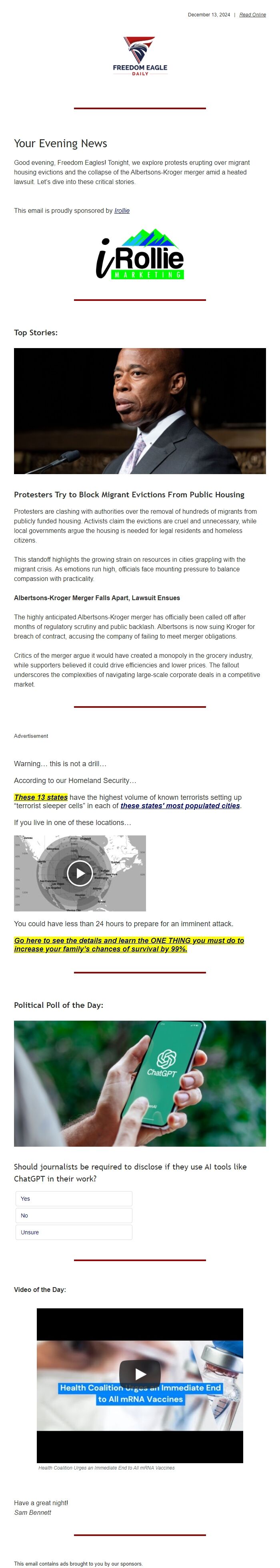 Screenshot of the email generated on import