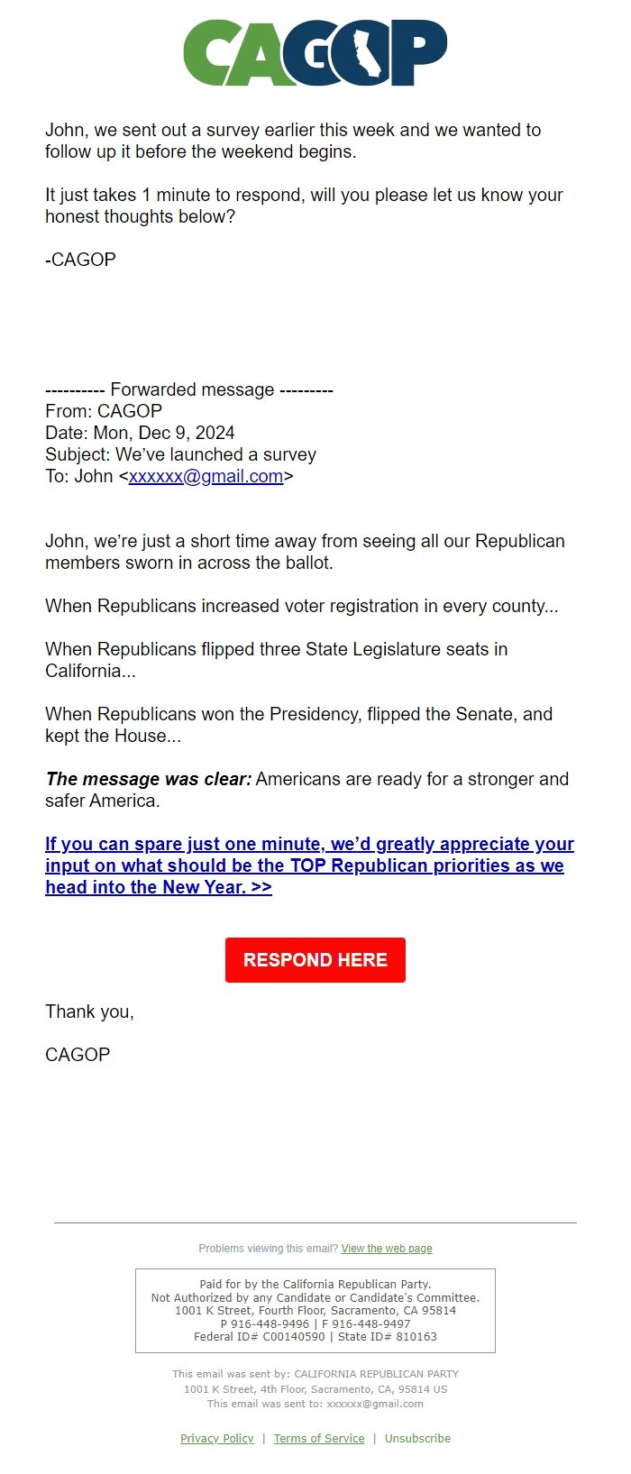 Screenshot of the email generated on import