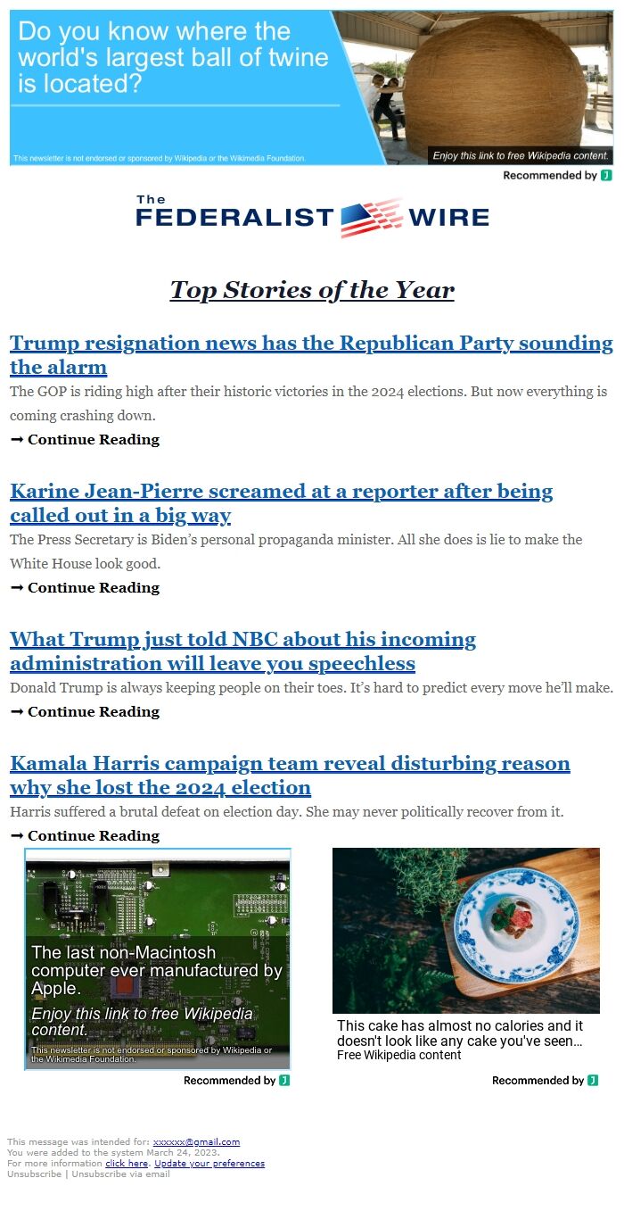 Screenshot of the email generated on import