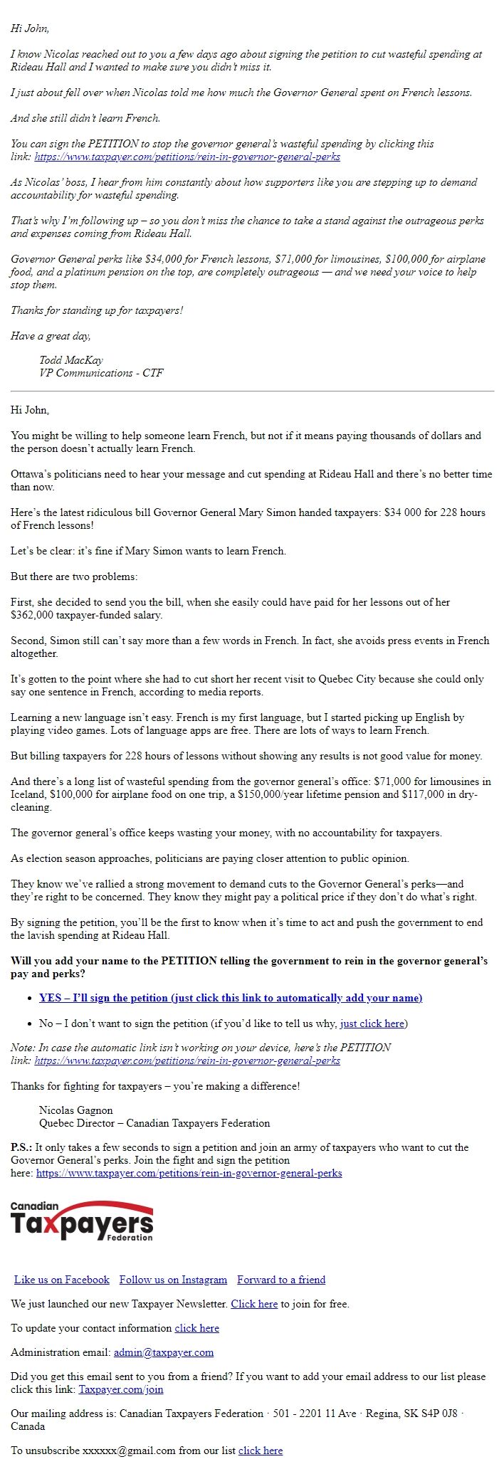 Screenshot of the email generated on import