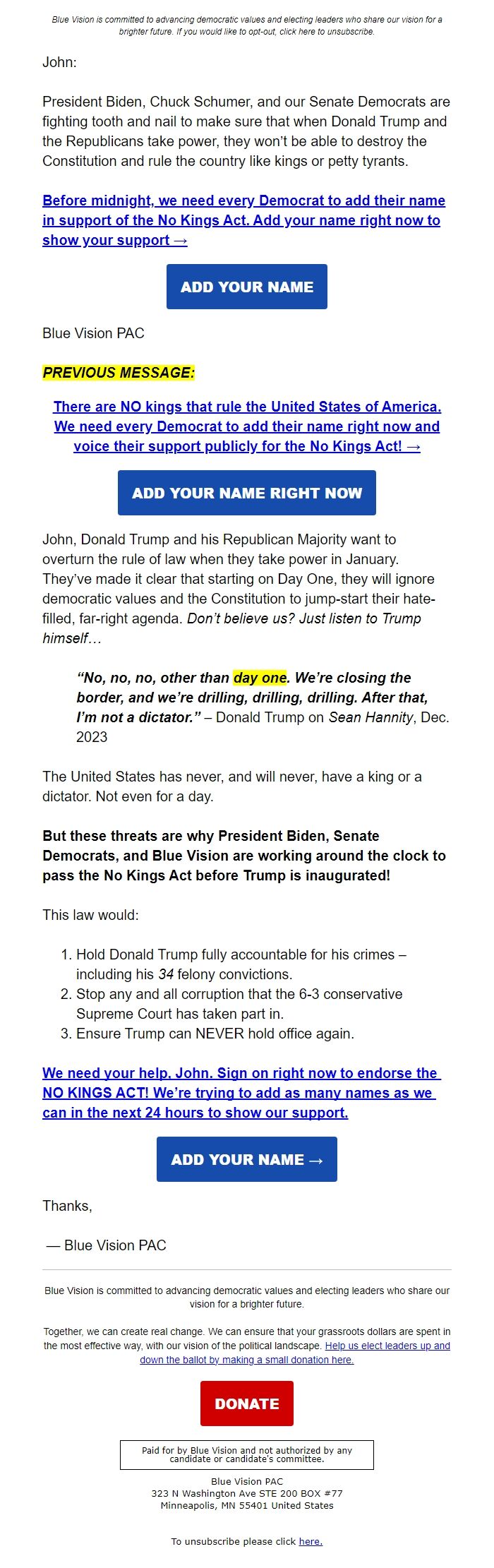 Screenshot of the email generated on import
