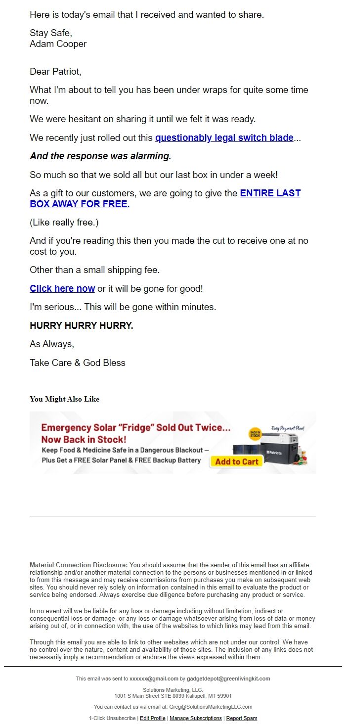Screenshot of the email generated on import