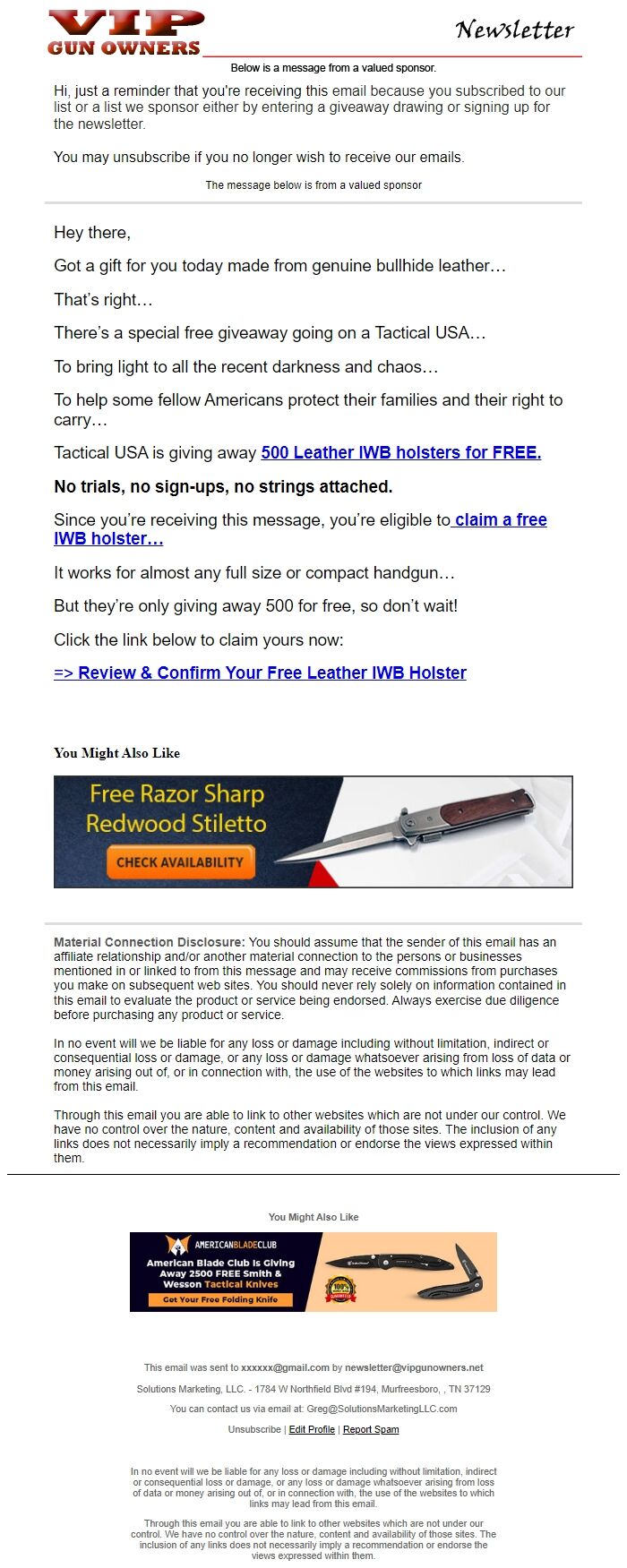 Screenshot of the email generated on import