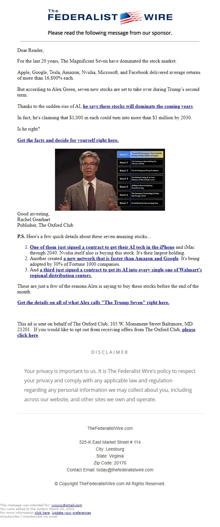 Screenshot of the email generated on import
