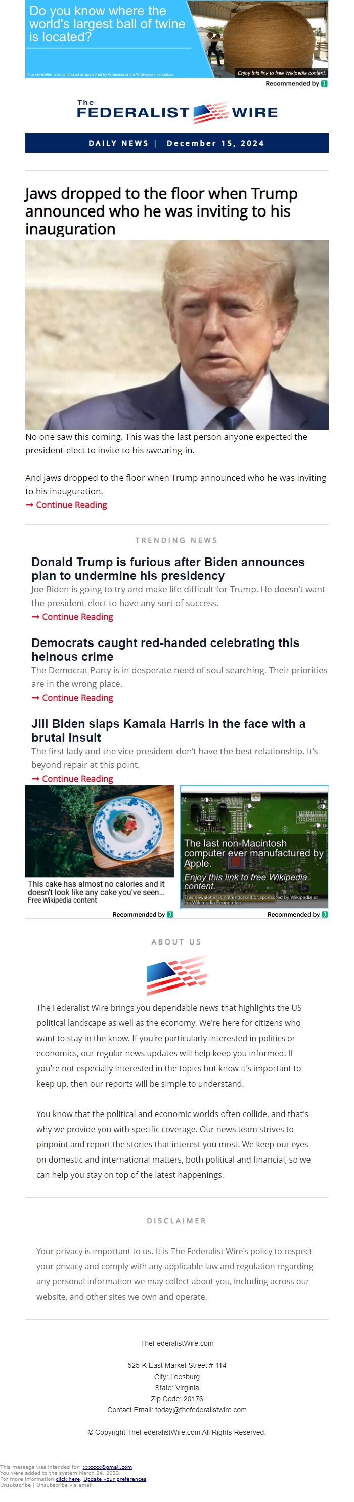Screenshot of the email generated on import