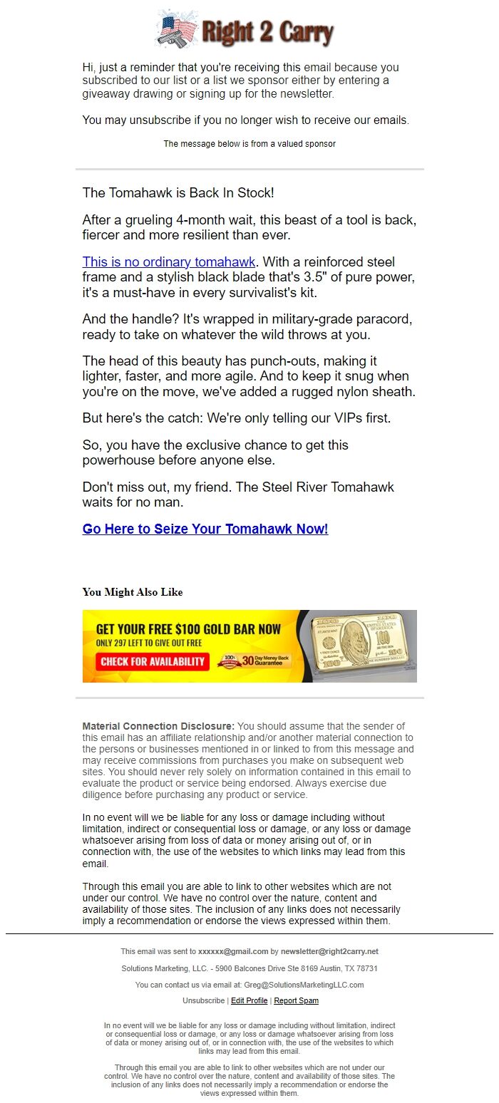 Screenshot of the email generated on import