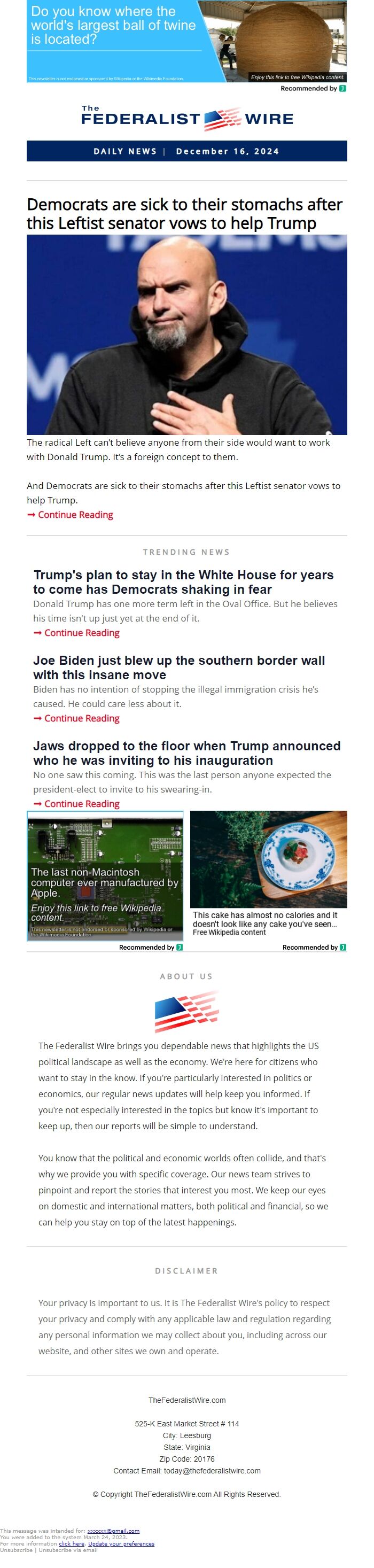 Screenshot of the email generated on import