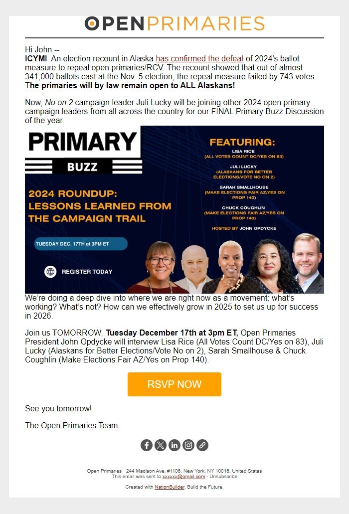 Screenshot of the email generated on import
