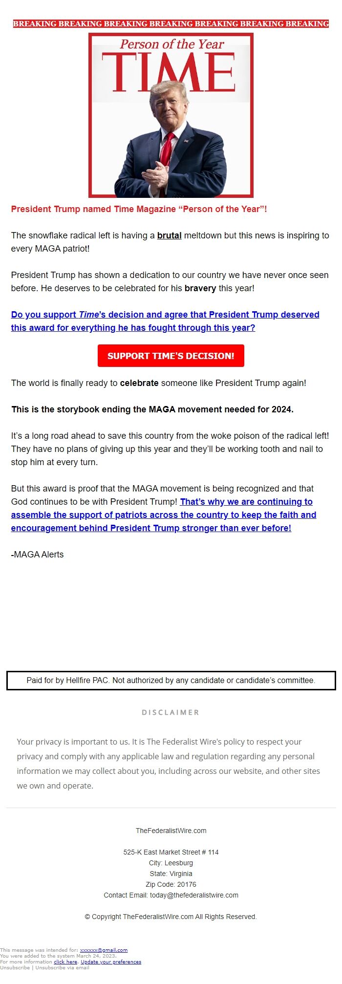 Screenshot of the email generated on import