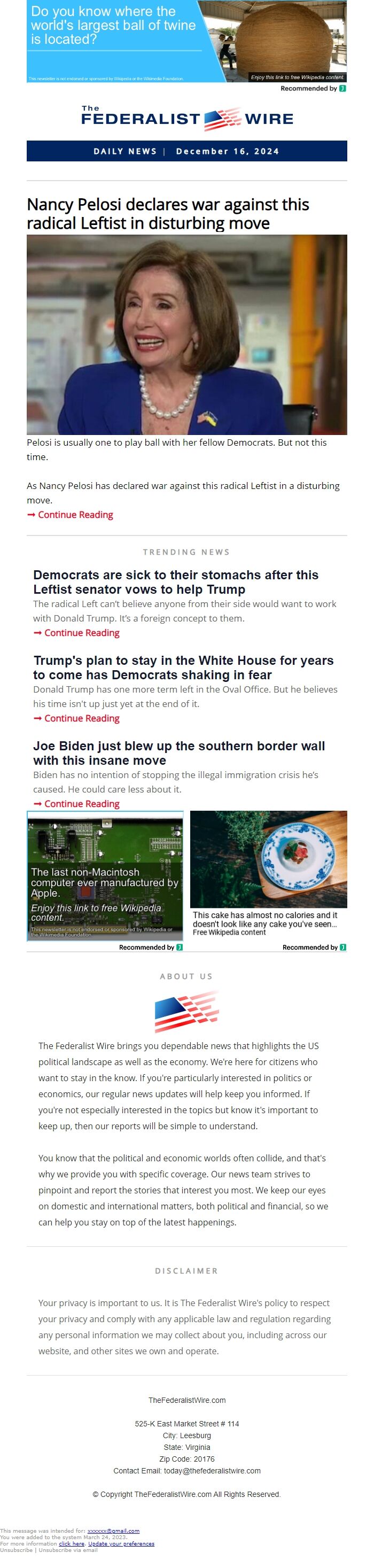 Screenshot of the email generated on import