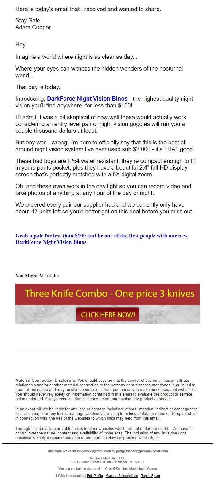 Screenshot of the email generated on import