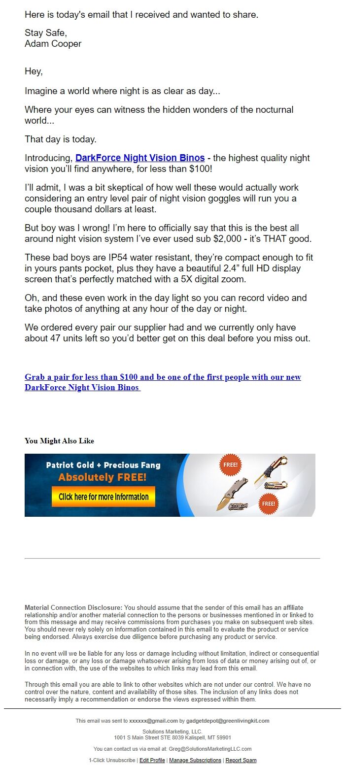 Screenshot of the email generated on import