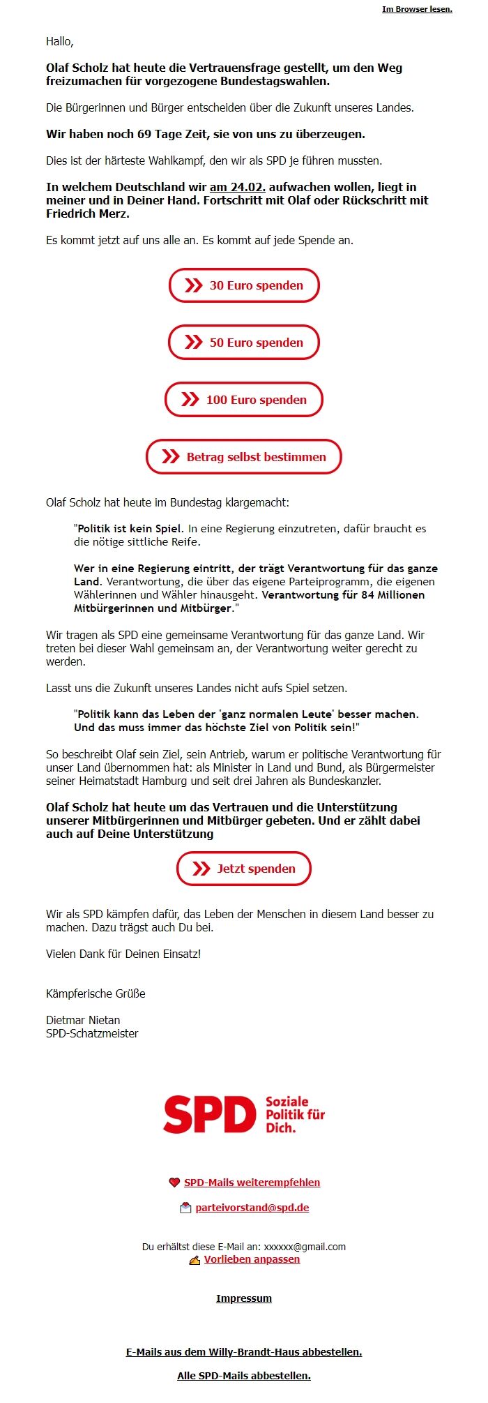 Screenshot of the email generated on import