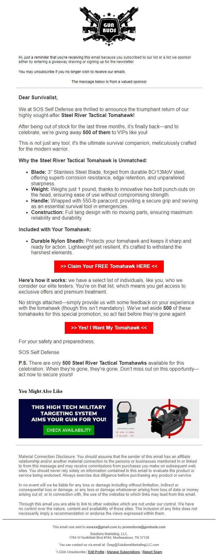 Screenshot of the email generated on import