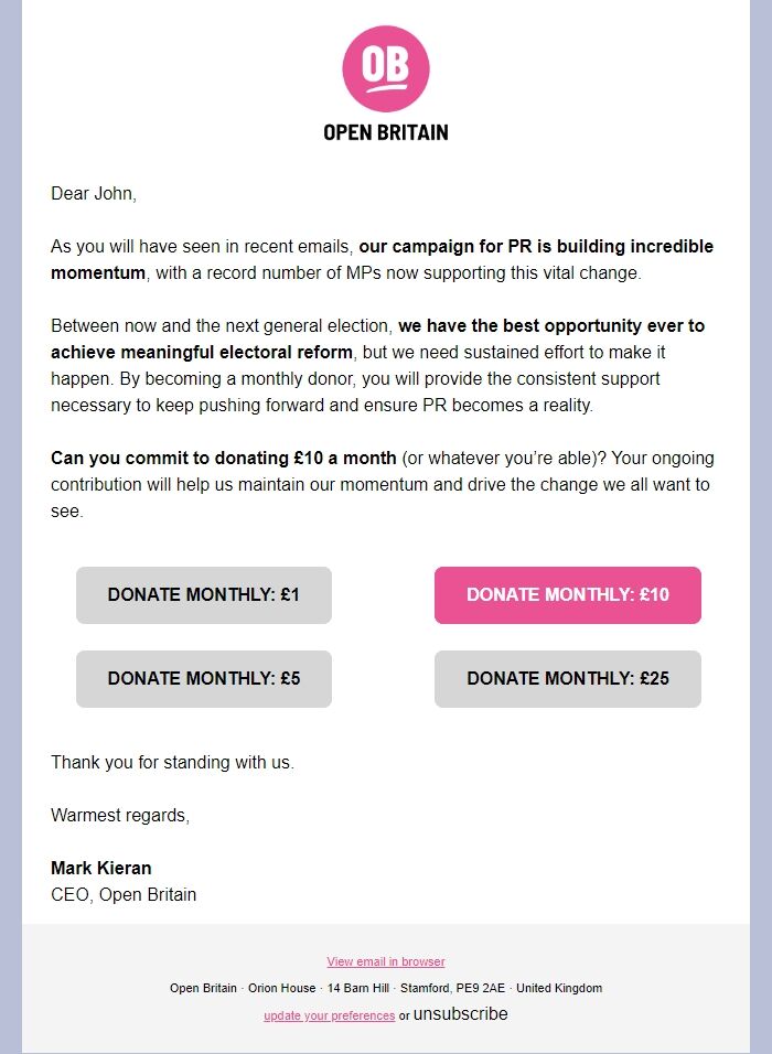 Screenshot of the email generated on import