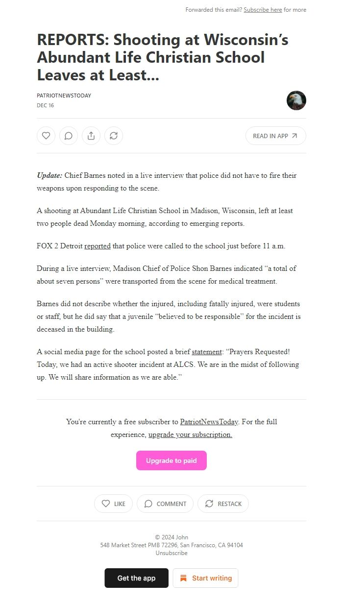 Screenshot of the email generated on import