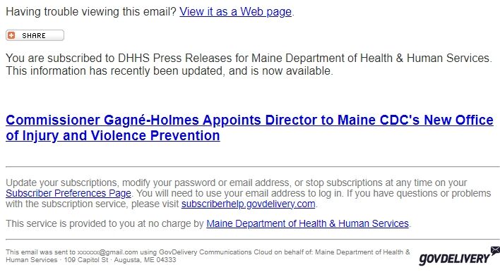 Screenshot of the email generated on import