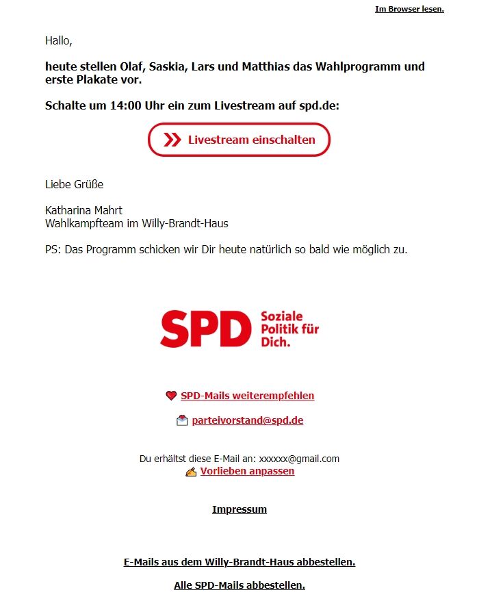 Screenshot of the email generated on import