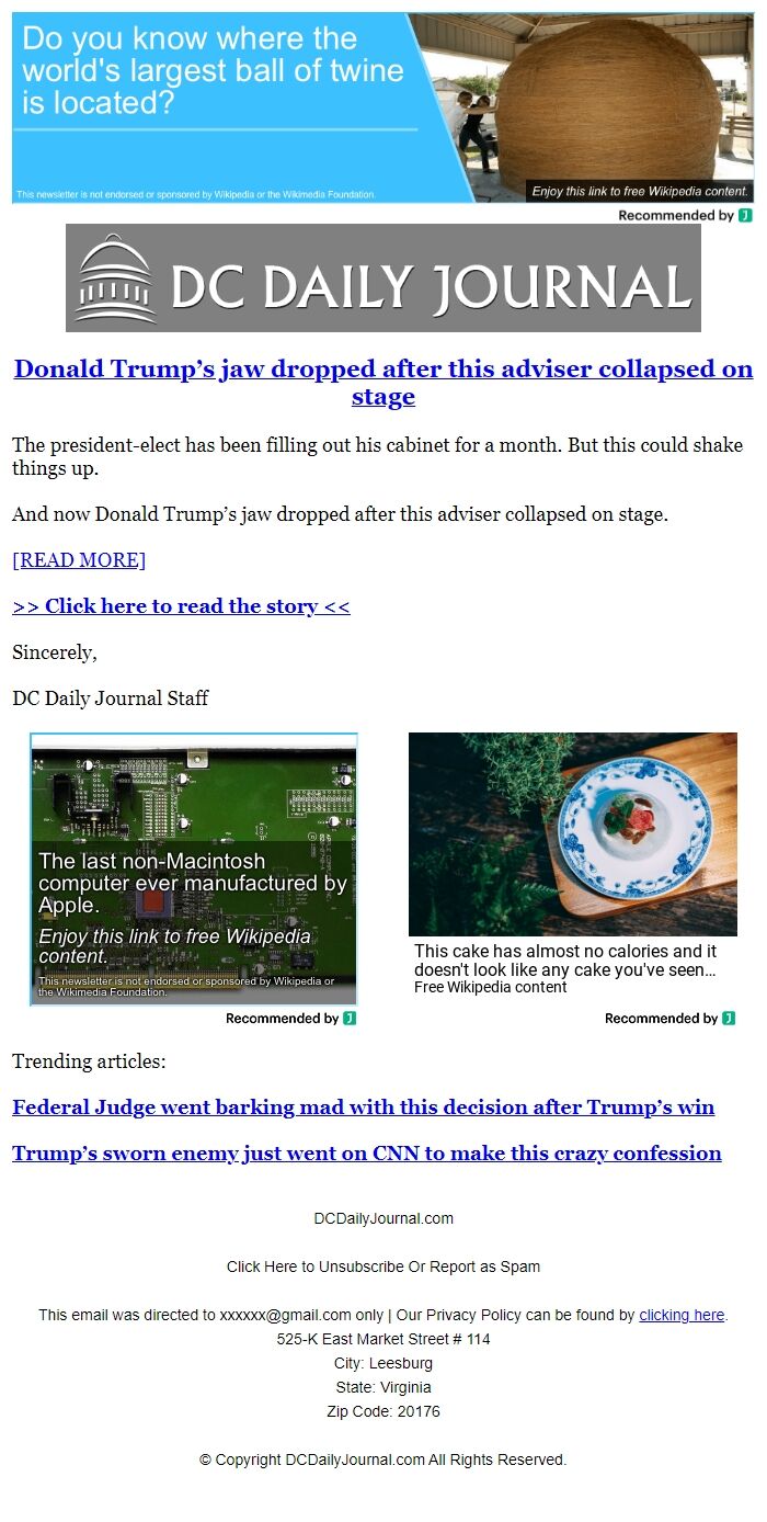Screenshot of the email generated on import