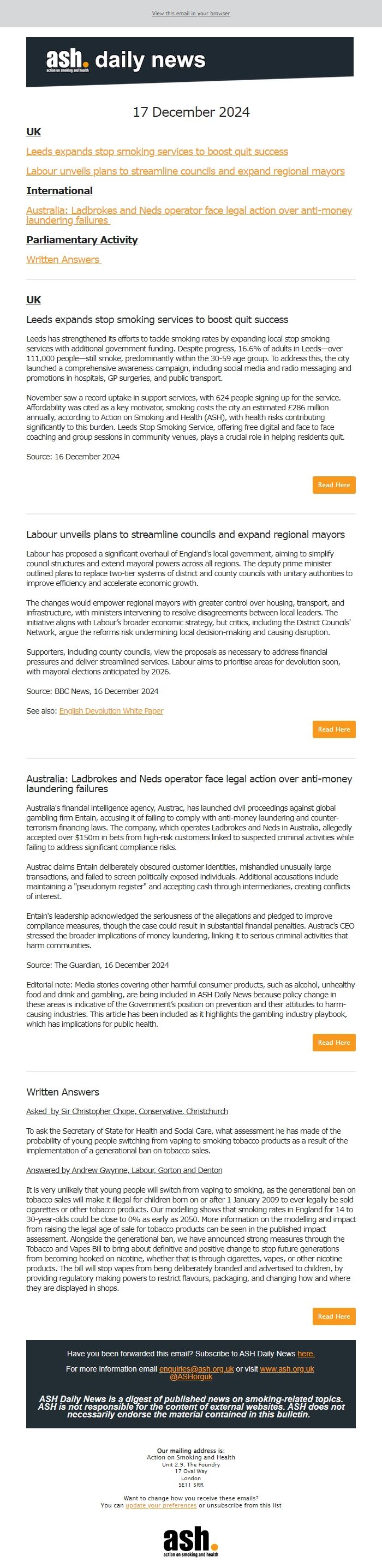 Screenshot of the email generated on import