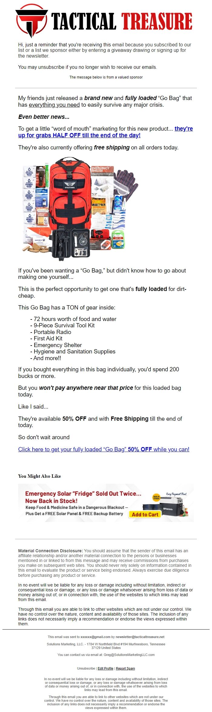 Screenshot of the email generated on import