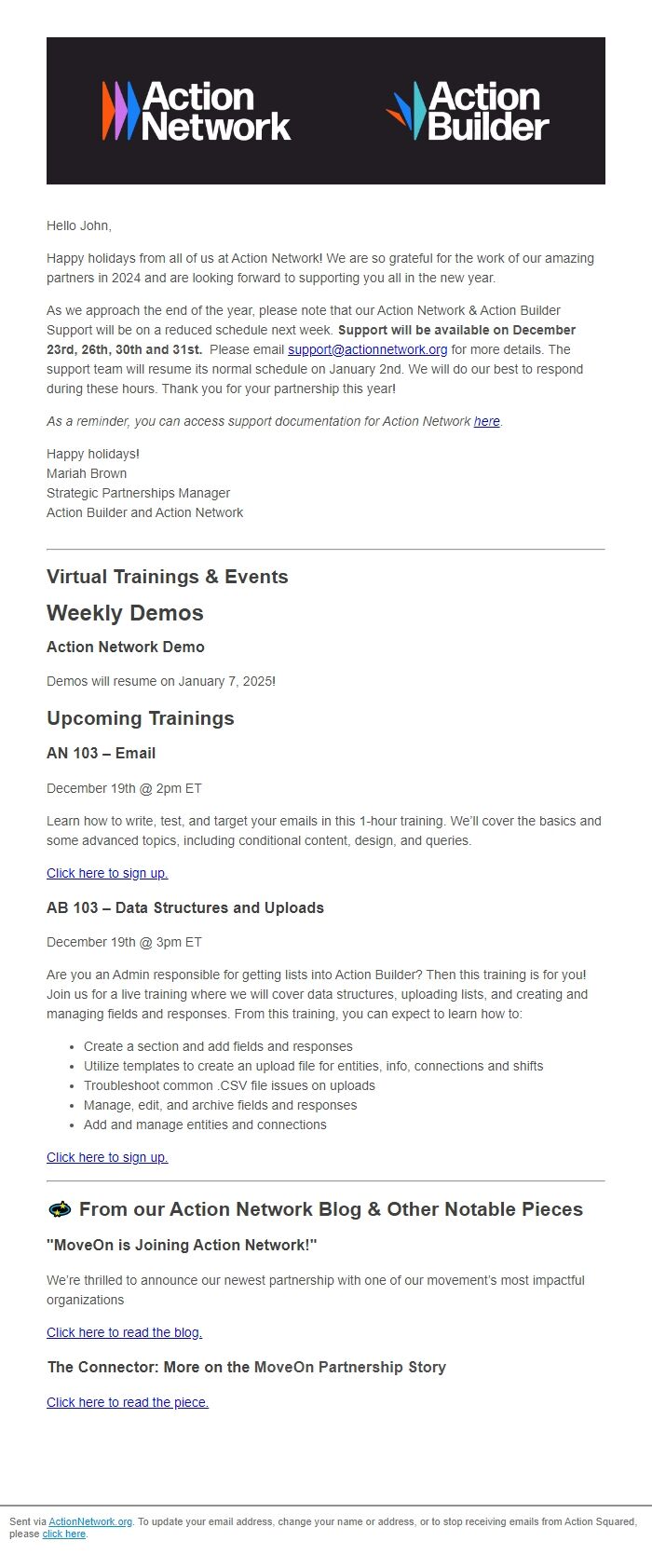 Screenshot of the email generated on import