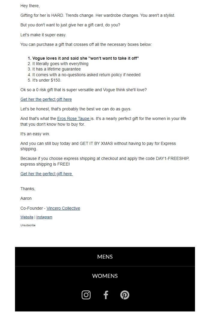 Screenshot of the email generated on import