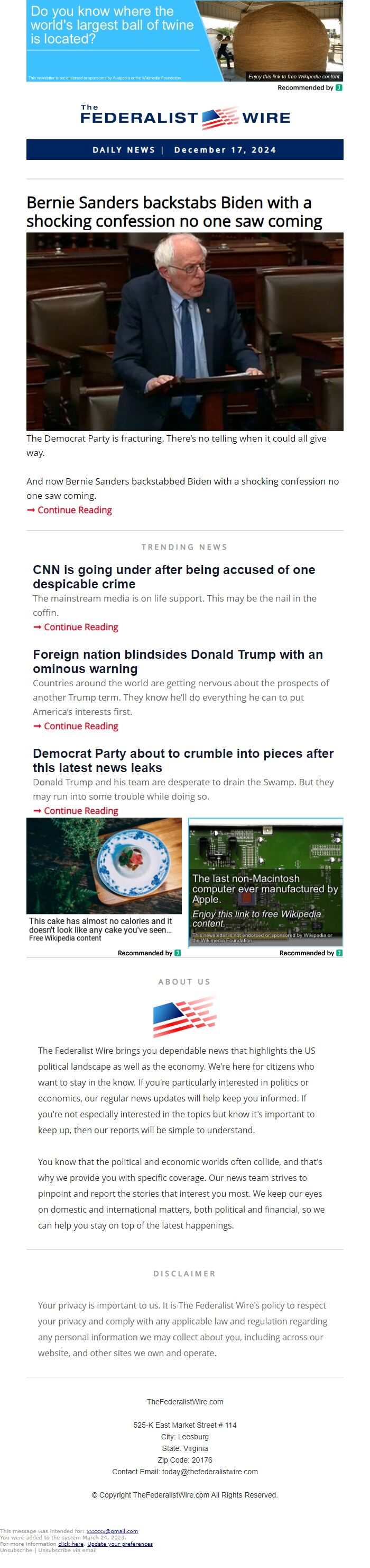 Screenshot of the email generated on import