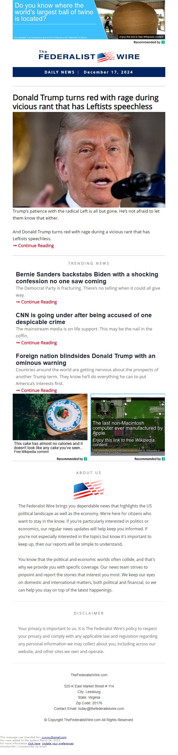 Screenshot of the email generated on import
