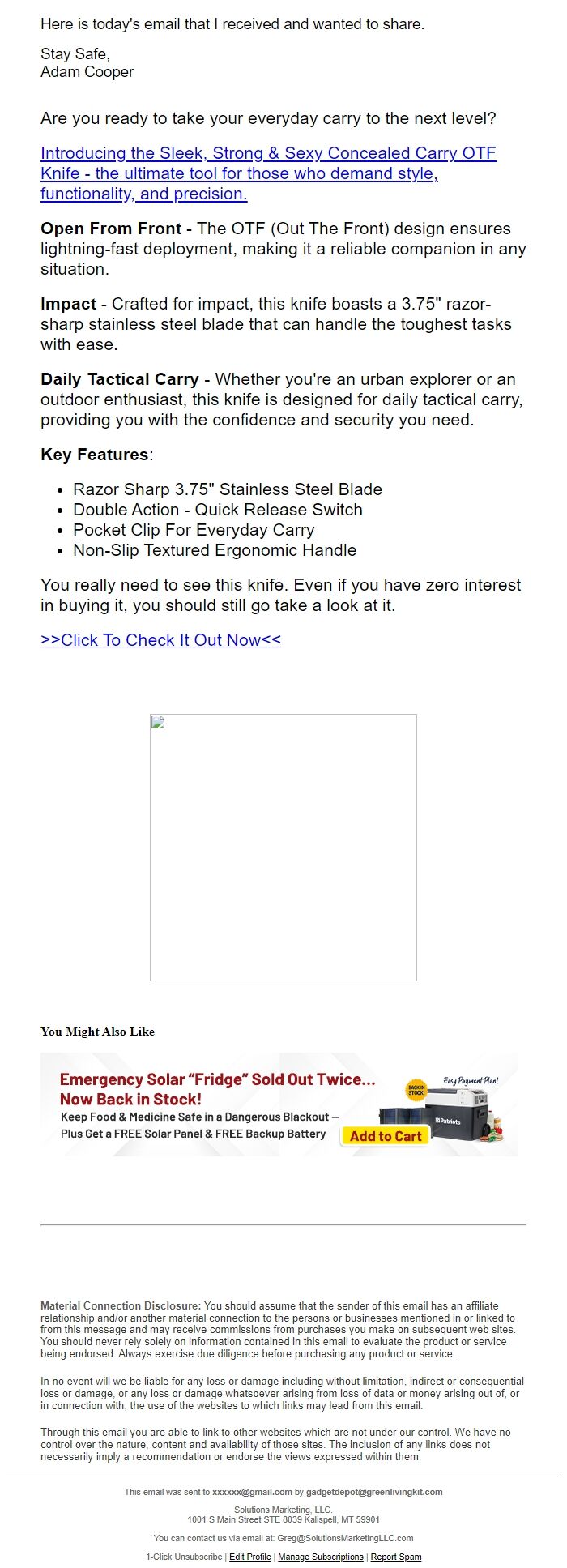 Screenshot of the email generated on import