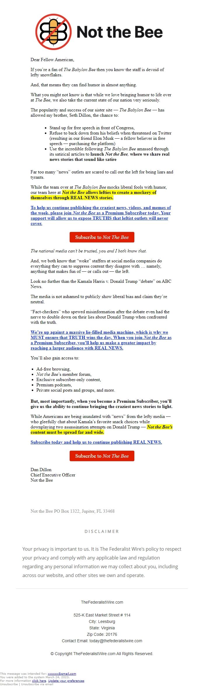 Screenshot of the email generated on import