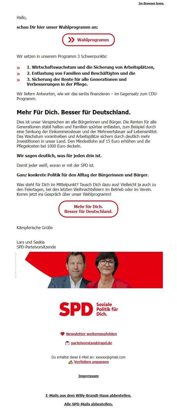 Screenshot of the email generated on import
