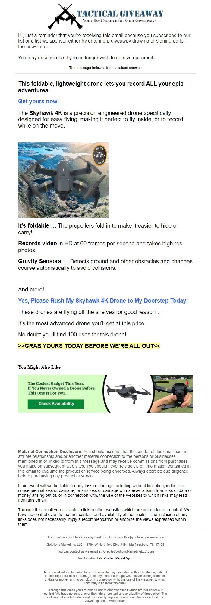 Screenshot of the email generated on import