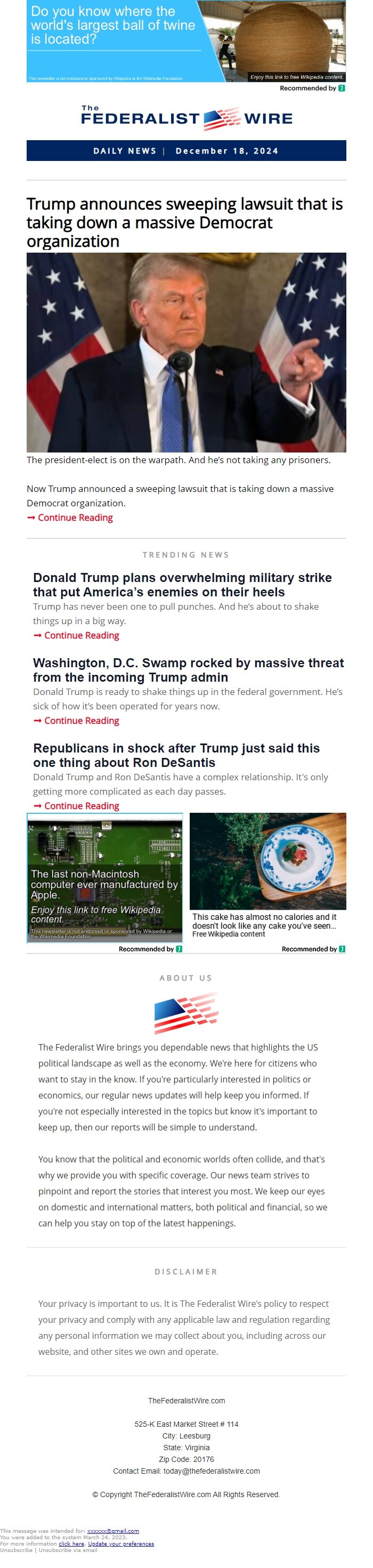 Screenshot of the email generated on import