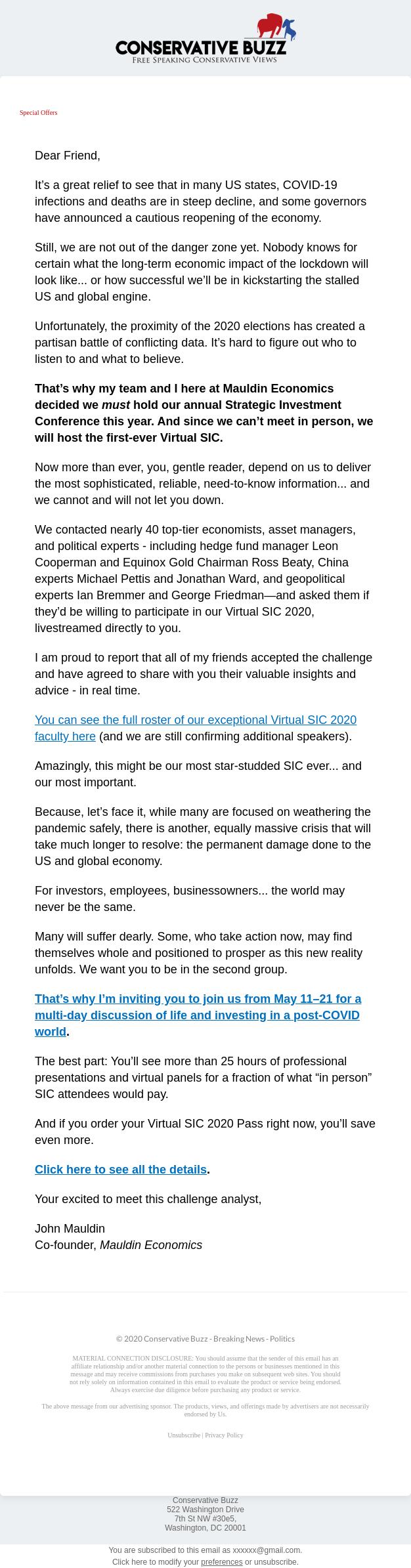 Screenshot of the email generated on import