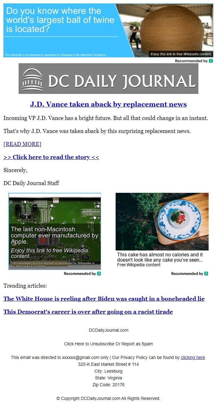 Screenshot of the email generated on import