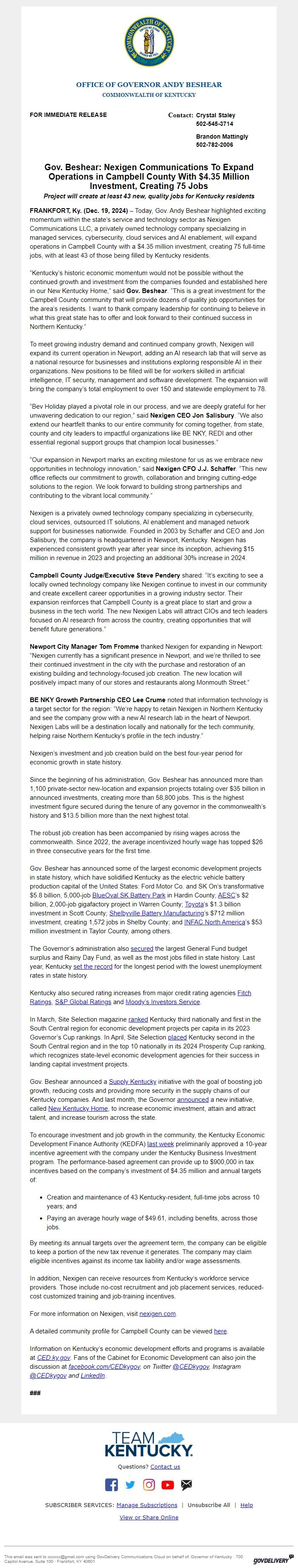 Screenshot of the email generated on import