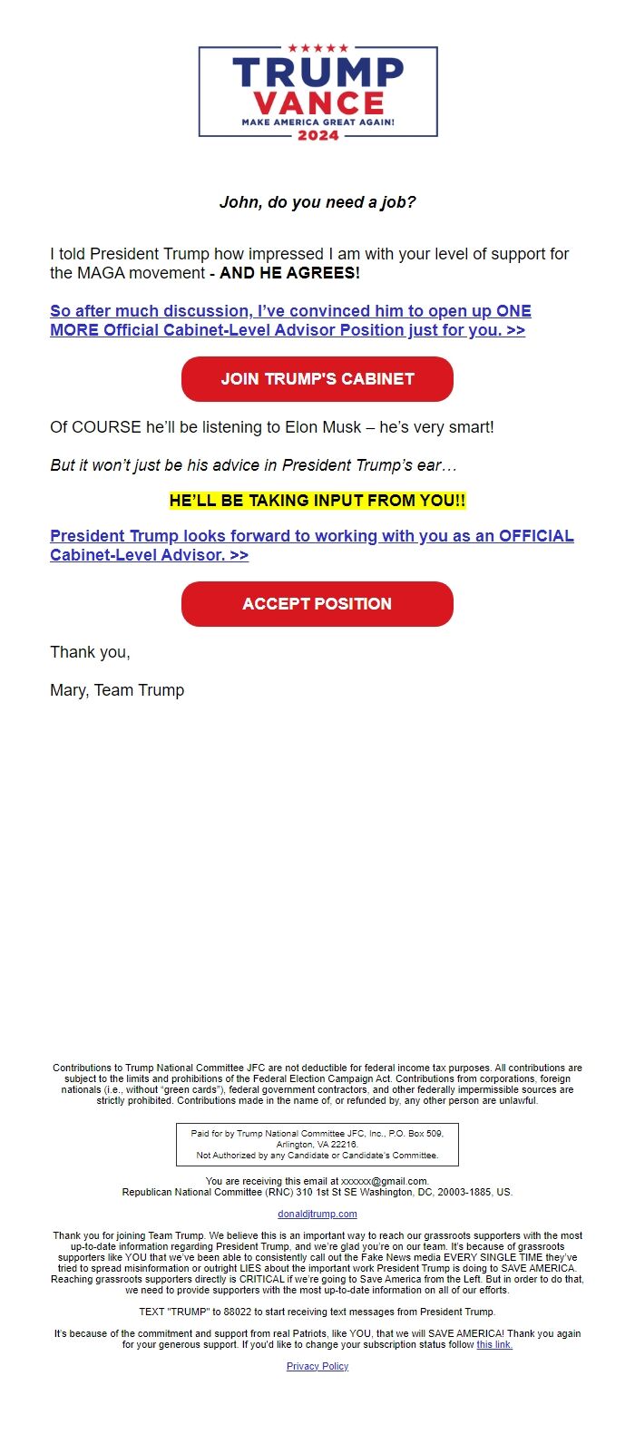 Screenshot of the email generated on import