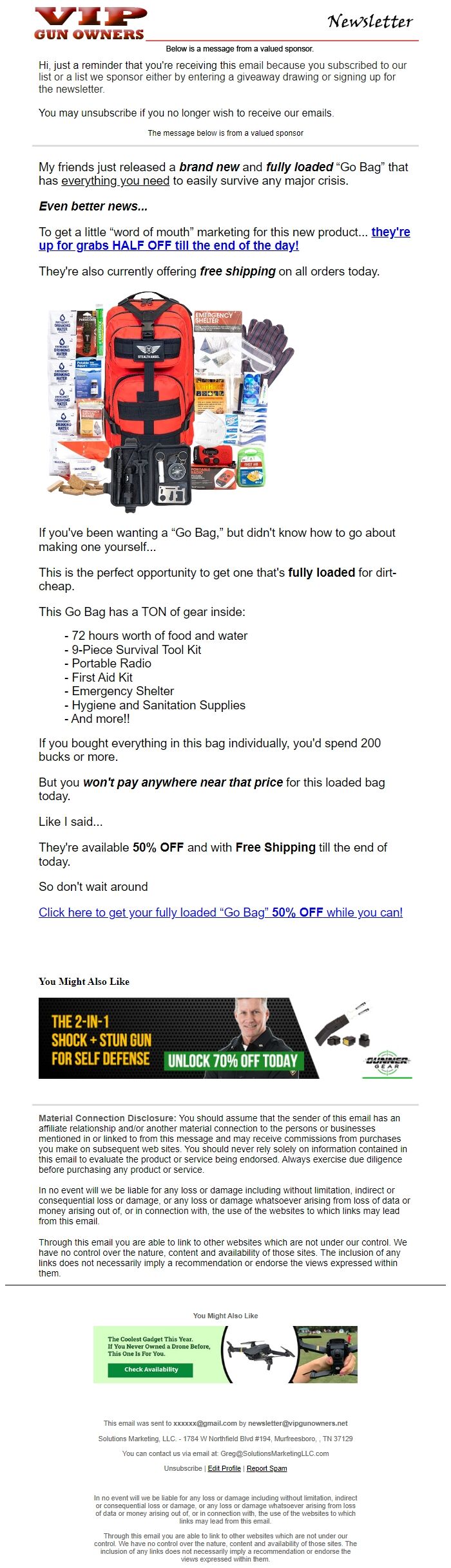 Screenshot of the email generated on import