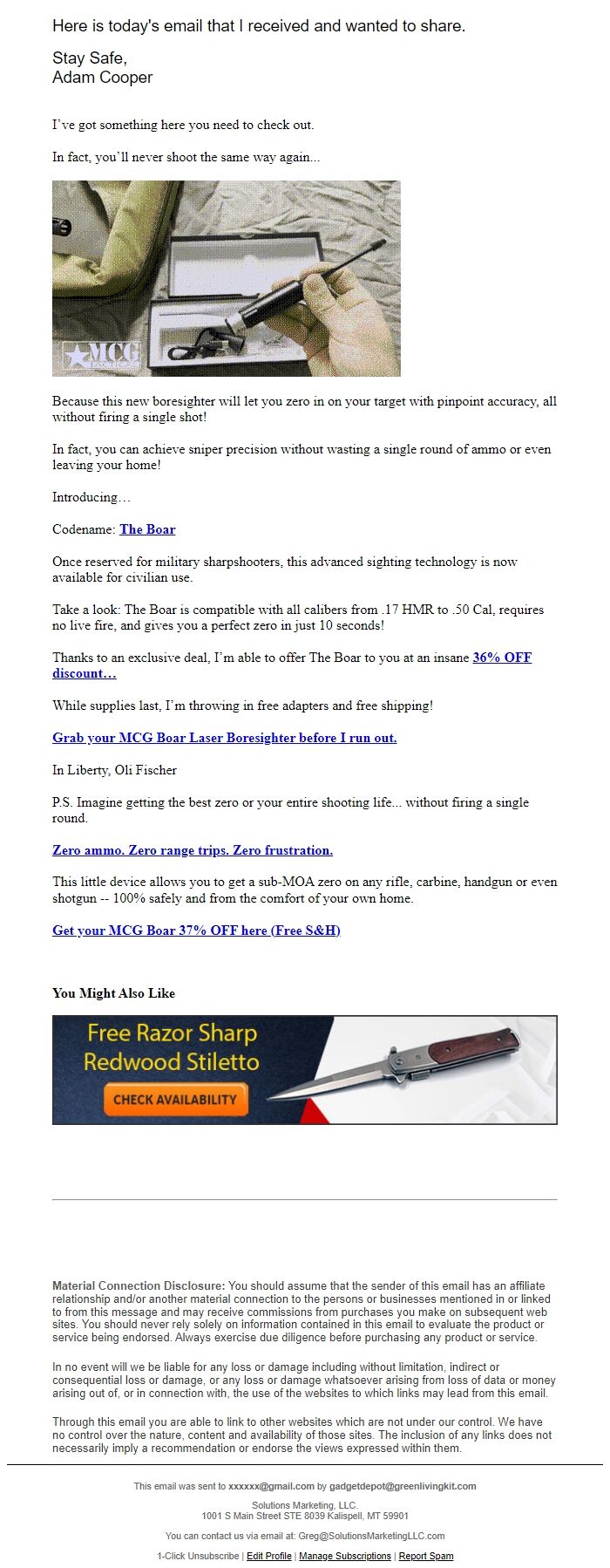 Screenshot of the email generated on import