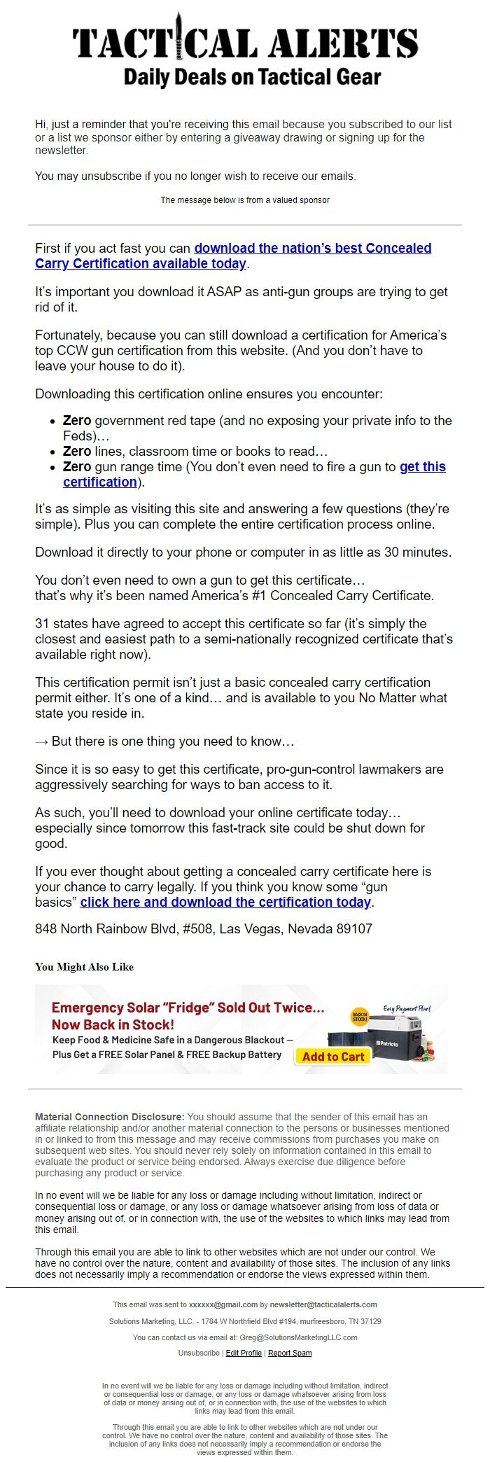 Screenshot of the email generated on import