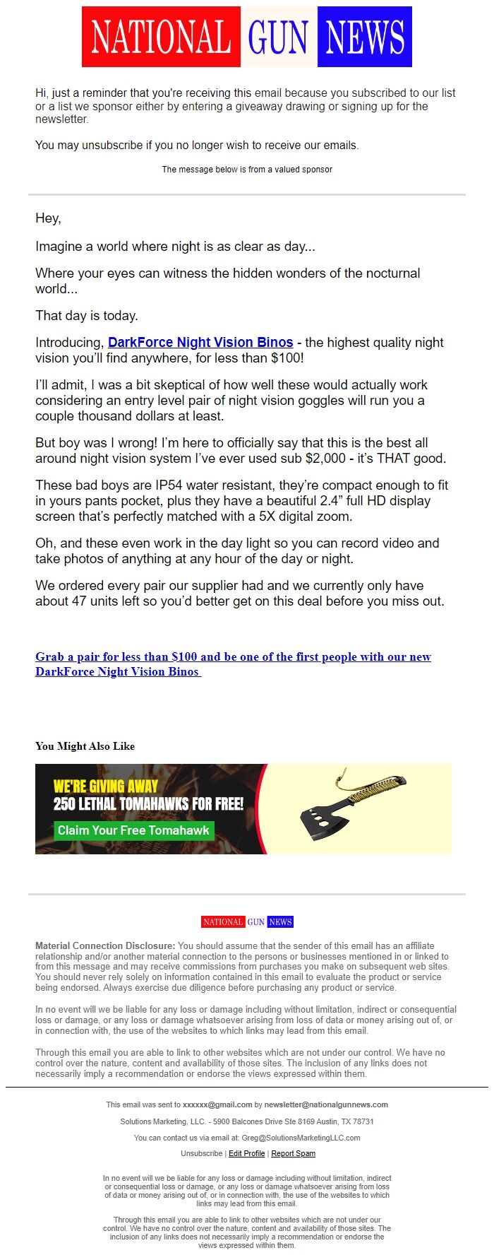 Screenshot of the email generated on import