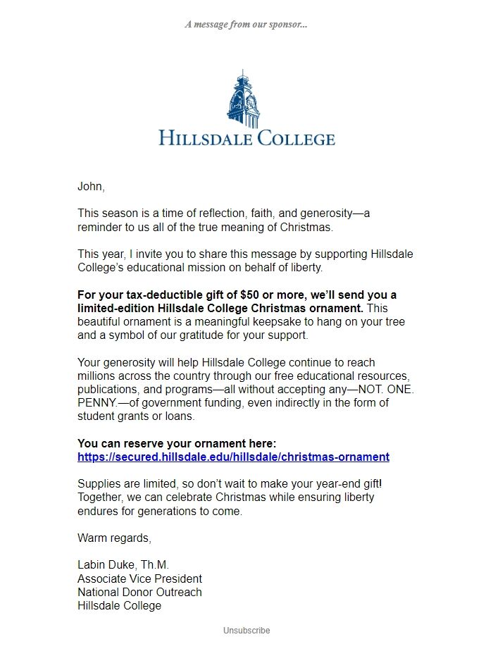 Screenshot of the email generated on import