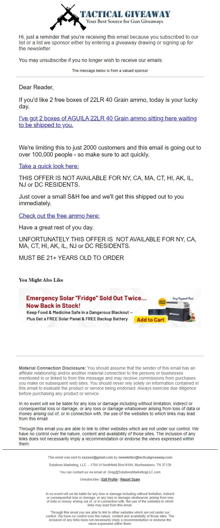 Screenshot of the email generated on import